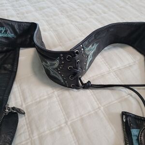 Harley-Davidson Black Leather Chaps with Blue Embroidery And Lining